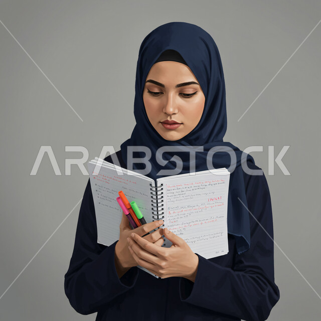 مطالعة ودراسة المنهاج المخصص، تصفح وقراءة الكتب الجامعية، بورتريه مقرب لطالبة جامعية عربية خليجية سعودية محجبة ترتدي العباءة وتحمل كتاب التخصص الجامعي بيدها, التعليم في جامعات المملكة العربية السعودية, خلفية رمادية