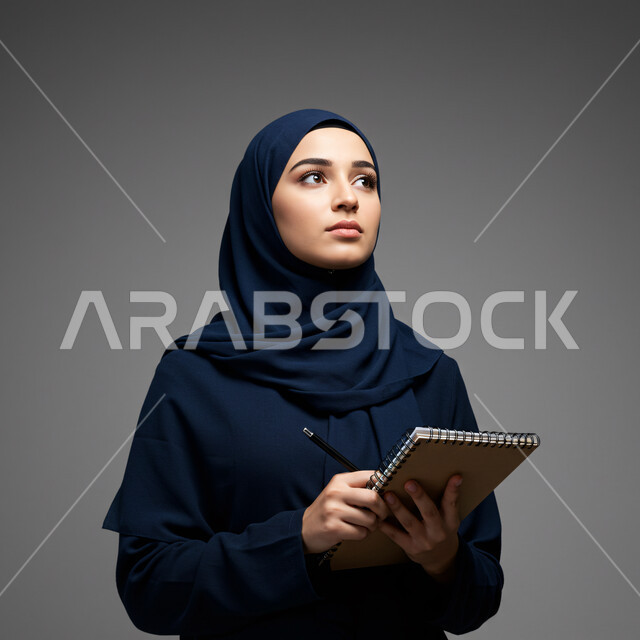 تصفح وقراءة الكتب الجامعية، مطالعة ودراسة المنهاج المخصص، بورتريه مقرب لطالبة جامعية عربية خليجية سعودية محجبة ترتدي العباءة وتحمل كتاب التخصص الجامعي بيدها, التعليم في جامعات المملكة العربية السعودية, خلفية رمادية