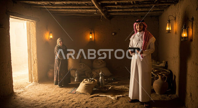 أعمال وصناعات يدوية، شاب عربي خليجي سعودي يرتدي الثوب التقليدي والشماغ يمسك بيده جهاز التابلت، سوق شعبي قديم ذو سقف خشبي، جدار طيني بمصابيح معدنية مضيئة، احياء التراث الشعبي الخليجي، مهن وحرف شعبية، دلال القهوة النحاسية التراثية، جرر فخارية كبيرة