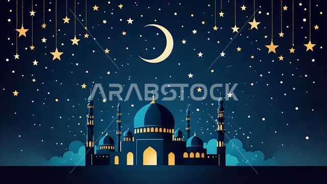 نداء المسلمين لأداء فريضة الصلاة, الفن الهندسي المعماري لبناء المساجد على الطراز العربي الإسلامي, مجسم ثلاثي الأبعاد لمسجد في الليل، القبب والمآذن الشامخة بتصميم عريق, مفهوم العبادة والتقرب إلى الله, خلفية السماء المليئة بالنجوم مع هلال رمضان
