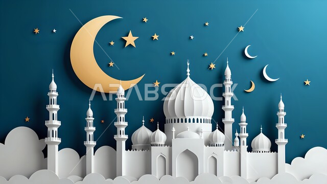 الفن الهندسي المعماري لبناء المساجد على الطراز العربي الإسلامي, مجسم ثلاثي الأبعاد لمسجد في الليل، القبب والمآذن الشامخة بتصميم عريق, نداء المسلمين لأداء فريضة الصلاة, مفهوم العبادة والتقرب إلى الله, خلفية السماء المليئة بالنجوم مع هلال رمضان