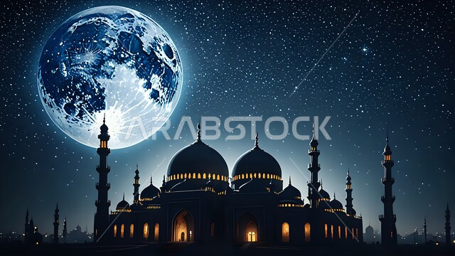 مجسم ثلاثي الأبعاد لمسجد في الليل، القبب والمآذن الشامخة بتصميم عريق, الفن الهندسي المعماري لبناء المساجد على الطراز العربي الإسلامي, نداء المسلمين لأداء فريضة الصلاة, مفهوم العبادة والتقرب إلى الله, خلفية السماء المليئة بالنجوم مع القمر المضيء