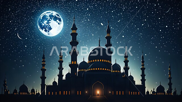 مجسم ثلاثي الأبعاد لمسجد في الليل، القبب والمآذن الشامخة بتصميم عريق, الفن الهندسي المعماري لبناء المساجد على الطراز العربي الإسلامي, نداء المسلمين لأداء فريضة الصلاة, مفهوم العبادة والتقرب إلى الله, خلفية السماء المليئة بالنجوم مع القمر المضيء