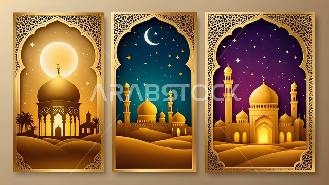 مفهوم الطاعة والتقرب إلى الله, نداء المسلمين لأداء فريضة الصلاة, الفن الهندسي المعماري لبناء المساجد على الطراز العربي الإسلامي, مجسمات ثلاثيية الأبعاد لدور العبادة في الصحراء، القبب والمآذن الشامخة بتصميم عريق, السماء المليئة بالنجوم مع هلال رمضان