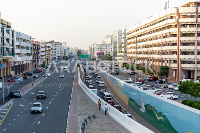 Asphalt roads and streets in Dubai, modern architectural art of buildings and facilities, famous landmarks and tourist places in the United Arab Emirates, traffic movement on Zabeel Street in Al Karama area