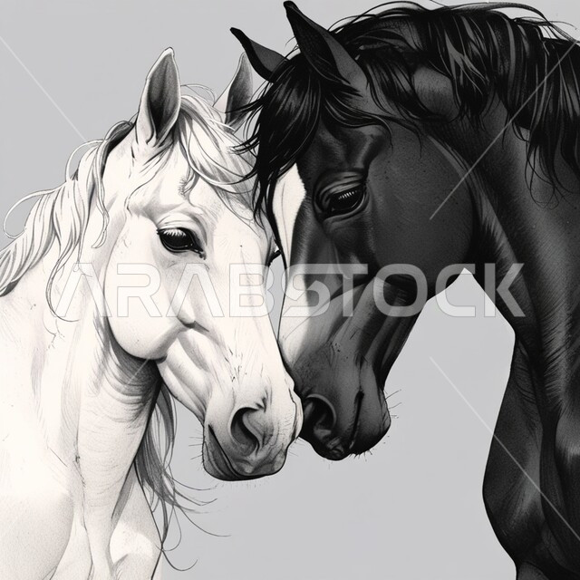 العادات المتوارثة في تربية الخيل العربي، اتباع تقاليد الأجداد في رعاية الجياد في المملكة العربية السعودية، رسوم ثلاثية الأبعاد باللون الأبيض والأسود لفرسين عربين أصيلين، شغف الفروسية وهواية ركوب الأحصنة، خلفية بيضاء