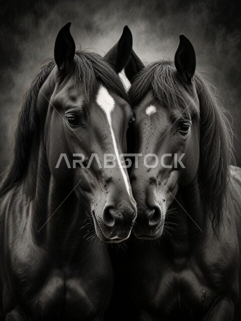 العادات المتوارثة في تربية الخيل العربي، رسوم ثلاثية الأبعاد باللون الأبيض والأسود لفرسين عربين أصيلين، اتباع تقاليد الأجداد في رعاية الجياد في المملكة العربية السعودية، شغف الفروسية وهواية ركوب الأحصنة