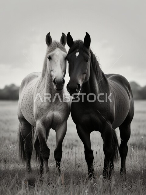 شغف الفروسية وهواية ركوب الأحصنة، صورة باللون الأبيض والأسود لفرسين عربين أصيلين يقفان في أحدى المزارع، العادات المتوارثة في تربية الخيل العربي، اتباع تقاليد الأجداد في رعاية الجياد في المملكة العربية السعودية، خلفية بيضاء