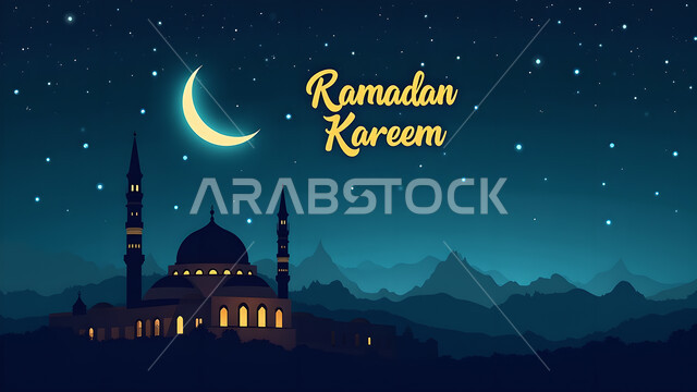 منظر الهلال في السماء خلال رمضان المبارك، بطاقة معايدة وتهنئة للإحتفال بقدوم الشهر الفضيل، عبارة رمضان كريم باللغة الانجليزية باللون الذهبي، أجواء رمضانية روحانية, صورة ظلية لمسجد بطراز إسلامي تقليدي في وقت الليل، سيلويت