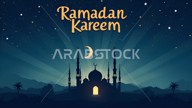 أجواء رمضانية روحانية, منظر الهلال في السماء خلال رمضان المبارك، بطاقة معايدة وتهنئة للإحتفال بقدوم الشهر الفضيل، عبارة رمضان كريم باللغة الانجليزية باللون الذهبي، صورة ظلية لمسجد بطراز إسلامي تقليدي في وقت الليل، سيلويت