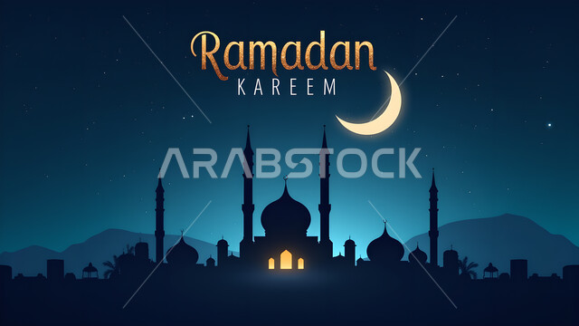 منظر الهلال في السماء خلال رمضان المبارك، بطاقة معايدة وتهنئة للإحتفال بقدوم الشهر الفضيل، عبارة رمضان كريم باللغة الانجليزية باللون الذهبي، أجواء رمضانية روحانية, صورة ظلية لمسجد بطراز إسلامي تقليدي في وقت الليل، سيلويت