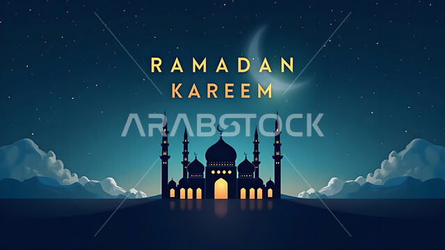 أجواء رمضانية روحانية, منظر الهلال في السماء خلال رمضان المبارك، بطاقة معايدة وتهنئة للإحتفال بقدوم الشهر الفضيل، عبارة رمضان كريم باللغة الانجليزية باللون الذهبي، صورة ظلية لمسجد بطراز إسلامي تقليدي في وقت الليل، سيلويت