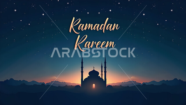 بطاقة معايدة وتهنئة للإحتفال بقدوم الشهر الفضيل، أجواء رمضانية روحانية, منظر النجوم في السماء خلال رمضان المبارك، عبارة رمضان كريم باللغة الانجليزية باللون الذهبي، صورة ظلية لمسجد بطراز إسلامي تقليدي في وقت الليل، سيلويت