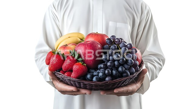 توفير العناصر الغذائية الضرورية للجسم، تحسين اللياقة البدنية من خلال الطعام الصحي، منتج ومحصول محلي وطني في المملكة العربية السعودية، بورتريه مقرب لرجل عربي خليجي سعودي يرتدي الثوب التقليدي يحمل بيديه وعاء مليء بأنواع مختلفه من الفاكهة، خلفية بيضاء