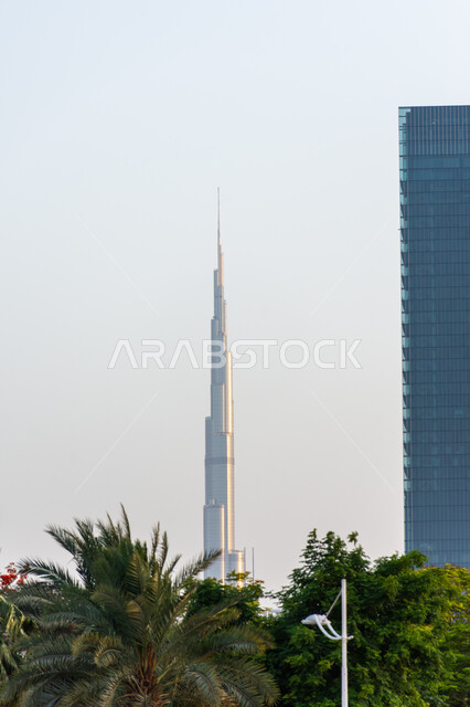 الفن الهندسي المعماري لبناء الأبراج وناطحات السحاب على الطراز الحديث, المعالم والأماكن السياحية المشهورة في الإمارات العربية المتحدة, برج خليفة في مدينة دبي في النهار, جذب واستقطاب السياح من أنحاء العالم, الاهتمام بزراعة الأشجار الخضراء