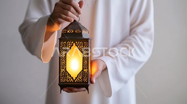 إضاءة و زينة الأعياد والمناسبات الدينية في المملكة العربية السعودية، تحفة إسلامية عريقة، بورتريه مقرب لرجل عربي خليجي سعودي يرتدي الثوب التقليدي يحمل بيديه فانوس معدني مزخرف مضيء، الديكور والأنوار في الأجواء الرمضانية الروحانية، خلفية بيضاء