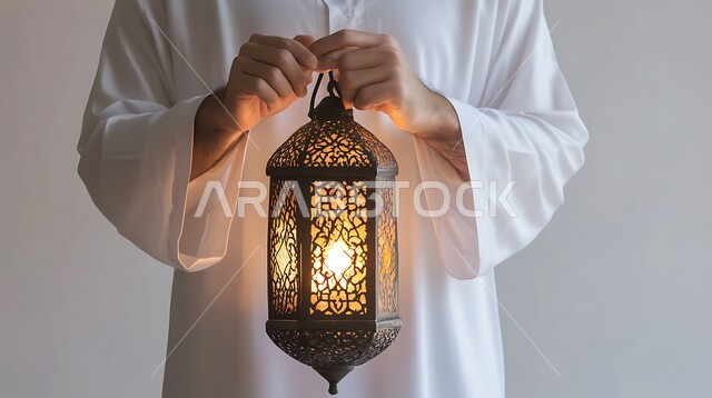 الديكور والأنوار في الأجواء الرمضانية الروحانية، إضاءة و زينة الأعياد والمناسبات الدينية في المملكة العربية السعودية، تحفة إسلامية عريقة، بورتريه مقرب لرجل عربي خليجي سعودي يرتدي الثوب التقليدي يحمل بيديه فانوس معدني مزخرف مضيء، خلفية بيضاء