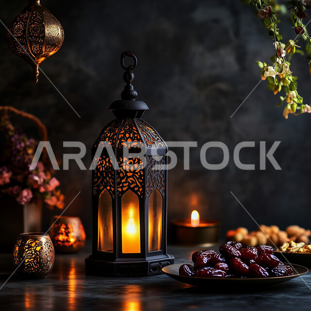 ضيافة شهر رمضان المبارك، فانوس عربي معدني مزخرف بجانب وعاء مليء بالتمر، منتج محلي وطني سعودي، إضاءة وزينة الأعياد والمناسبات الدينية في المملكة العربية السعودية، تحفة إسلامية عريقة، الديكور والأنوار في الأجواء الرمضانية الروحانية