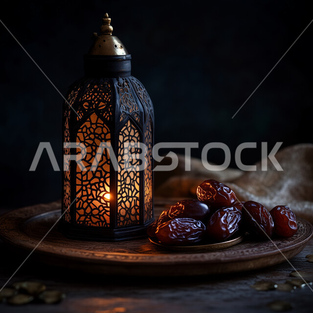 منتج محلي وطني سعودي، ضيافة شهر رمضان المبارك، فانوس عربي معدني مزخرف بجانب وعاء مليء بالتمر، إضاءة وزينة الأعياد والمناسبات الدينية في المملكة العربية السعودية، تحفة إسلامية عريقة، الديكور والأنوار في الأجواء الرمضانية الروحانية