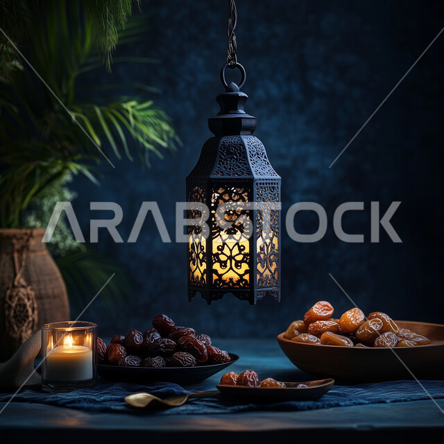 An ancient Islamic masterpiece, hosted by the blessed month of Ramadan, decorative metal lantern hanging alongside dishes full of dates, a Saudi national producer, lighting and decorations of holidays and religious events in the Kingdom of Saudi Arabia, decoration and lights in the spiritual airspace