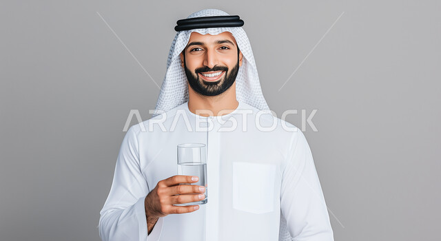 الحفاظ على صحة الكلى ومعالجتها، أهمية شرب الماء النقي، بورتريه مقرب لرجل عربي خليجي سعودي مبتسم يرتدي الثوب التقليدي والغترة يحمل بيده كأس من المياه ينظر إلى الكاميرا بإيماءات السرور والسعادة، المحافظة على سلامة الجهاز المناعي، التخلص من سموم الجسم، خلفية رمادية