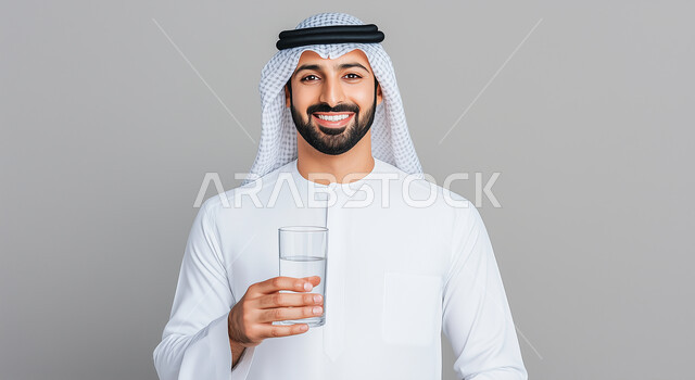 أهمية شرب الماء النقي، بورتريه مقرب لرجل عربي خليجي سعودي مبتسم يرتدي الثوب التقليدي والغترة يحمل بيده كأس من المياه ينظر إلى الكاميرا بإيماءات السرور والسعادة، المحافظة على سلامة الجهاز المناعي، التخلص من سموم الجسم، الحفاظ على صحة الكلى ومعالجتها، خلفية رمادية