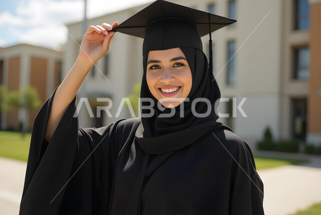 تعابير البهجة والسعادة بالوصول لحلم النجاح, صورة مقربة لخريجة عربية سعودية خليجية محجبة ترتدي العباءة السوداء وقبعة التخرج تنظر إلى الكاميرا بإيماءات السرور والفخر، الاحتفال بإنهاء الدراسة الجامعية، مفهوم الاجتهاد والتفوق