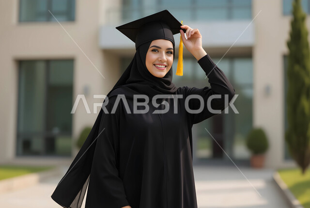 الاحتفال بإنهاء الدراسة الجامعية، مفهوم الاجتهاد والتفوق، تعابير البهجة والسعادة بالوصول لحلم النجاح, صورة مقربة لخريجة عربية سعودية خليجية محجبة ترتدي العباءة السوداء وقبعة التخرج تنظر إلى الكاميرا بإيماءات السرور والفخر 