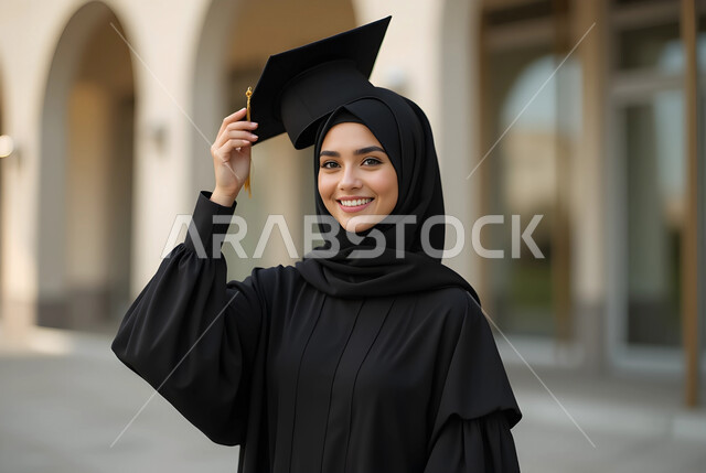 مفهوم الاجتهاد والتفوق، تعابير البهجة والسعادة بالوصول لحلم النجاح, صورة مقربة لخريجة عربية سعودية خليجية محجبة ترتدي العباءة السوداء وقبعة التخرج تنظر إلى الكاميرا بإيماءات السرور والفخر، الاحتفال بإنهاء الدراسة الجامعية