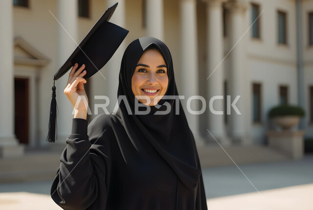 الاحتفال بإنهاء الدراسة الجامعية، مفهوم الاجتهاد والتفوق، تعابير البهجة والسعادة بالوصول لحلم النجاح, صورة مقربة لخريجة عربية سعودية خليجية محجبة ترتدي العباءة السوداء تمسك بيدها قبعة التخرج تنظر إلى الكاميرا بإيماءات السرور والفخر 