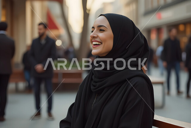 مفهوم الأنوثة والنعومة، صورة مقربة لامرأة عربية خليجية سعودية مبتسمة ترتدي الحجاب والعباءة السوداء تنظر إلى شيء ما بإيماءات السرور والسعادة، الضحك على موقف معين، قضاء وقت ممتع في الخارج، الاهتمام بالمظهر الخارجي