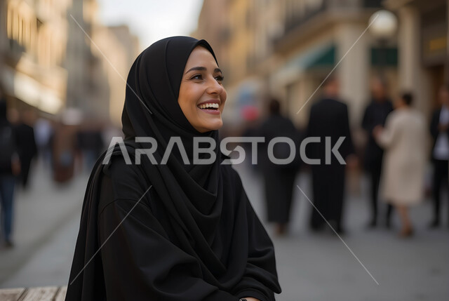 Spending fun time abroad, caring for the external appearance, the concept of femininity and softness, a picture close to a smiling Arab Gulf woman who is in a smile wearing the veil and the black cloak looks at something with the gestures of pleasure and happiness, laughter on a specific position