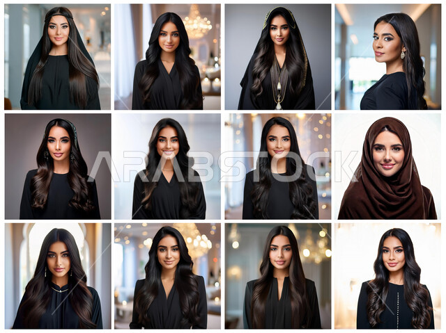 ملابس عصريه بألوان داكنة، مفهوم الأنوثة والنعومة، الملامح الخليجية الشرقية، إبراز الجمال السعودي الأصيل، الاهتمام بالأناقة والمظهر الخارجي، عدة صور لنساء عربيات خليجيات سعوديات تنظرن إلى الكاميرا بايماءات الثقة بالنفس