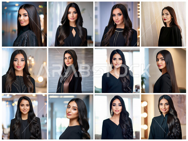 الملامح الخليجية الشرقية، إبراز الجمال السعودي الأصيل، ملابس عصريه بألوان داكنة، مفهوم الأنوثة والنعومة، الاهتمام بالأناقة والمظهر الخارجي، عدة صور لنساء عربيات خليجيات سعوديات تنظرن إلى الكاميرا بايماءات الثقة بالنفس