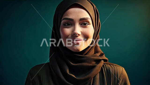 النظر إلى الكاميرا بإيماءات السعادة والسرور، إبراز الجمال السعودي، الاهتمام بالأناقة والمظهر الخارجي، الملامح الخليجية الشرقية، مفهوم الأنوثة والنعومة، بورتريه مقرب لإمرأة عربية خليجية محجبة مبتسمة، خلفية خضراء