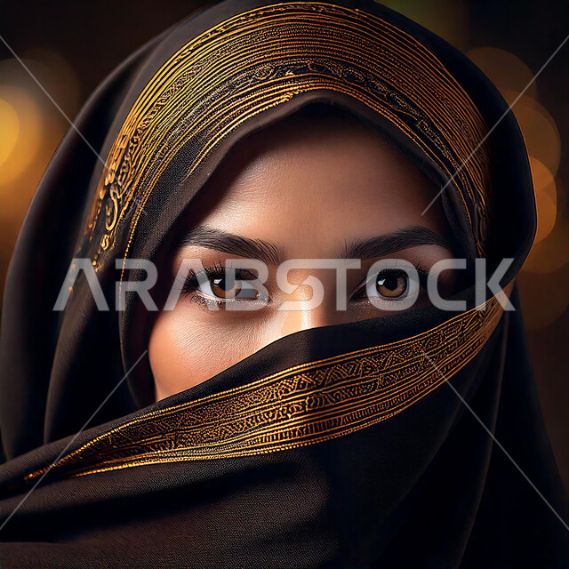 إبراز الجمال السعودي بحجابات وملابس عصريه بألوان داكنة، مفهوم الأنوثة والنعومة، الاهتمام بالأناقة والمظهر الخارجي، صورة مقربة لإمرأة عربية خليجية سعودية ملثمة تنظر إلى الكاميرا بايماءات الثقة بالنفس، الملامح الخليجية الشرقية