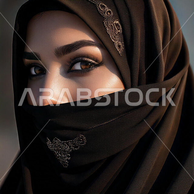 الاهتمام بالأناقة والمظهر الخارجي، الملامح الخليجية الشرقية، إبراز الجمال السعودي بحجابات وملابس عصريه بألوان داكنة، مفهوم الأنوثة والنعومة، صورة مقربة لإمرأة عربية خليجية سعودية ملثمة تنظر إلى الكاميرا بايماءات الثقة بالنفس
