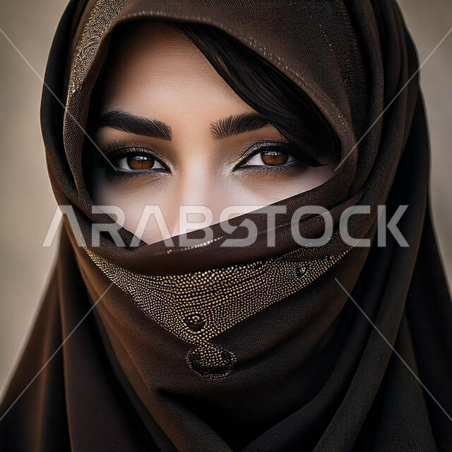 إبراز الجمال السعودي بحجابات وملابس عصريه بألوان داكنة، مفهوم الأنوثة والنعومة، الاهتمام بالأناقة والمظهر الخارجي، صورة مقربة لإمرأة عربية خليجية سعودية ملثمة تنظر إلى الكاميرا بايماءات الثقة بالنفس، الملامح الخليجية الشرقية