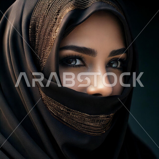 الملامح الخليجية الشرقية، إبراز الجمال السعودي بحجابات وملابس عصريه بألوان داكنة، مفهوم الأنوثة والنعومة، الاهتمام بالأناقة والمظهر الخارجي، صورة مقربة لإمرأة عربية خليجية سعودية ملثمة تنظر إلى الكاميرا بايماءات الثقة بالنفس