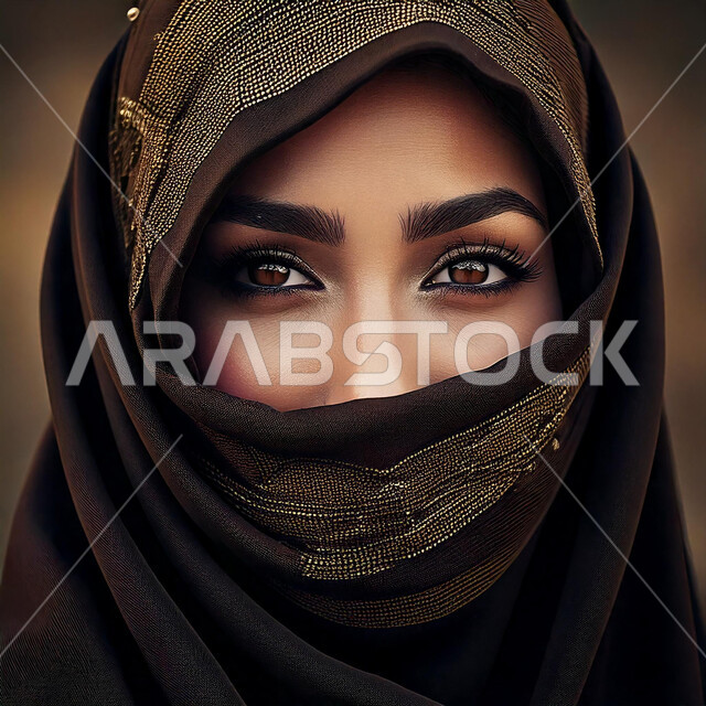 Attention to elegance and outward appearance, eastern Gulf features, highlighting Saudi beauty with veils and modern clothes in dark colors, the concept of femininity and softness, a close-up of a veiled Saudi Gulf Arab woman looking at the camera with gestures of self-confidence