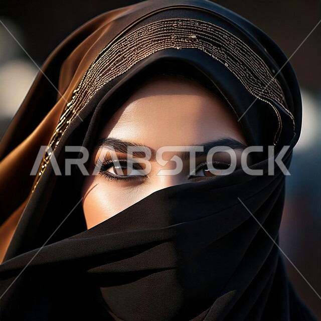 مفهوم الأنوثة والنعومة، الاهتمام بالأناقة والمظهر الخارجي، الملامح الخليجية الشرقية، إبراز الجمال السعودي بحجابات وملابس عصريه بألوان داكنة، صورة مقربة لإمرأة عربية خليجية سعودية ملثمة تنظر إلى الكاميرا بايماءات الثقة بالنفس