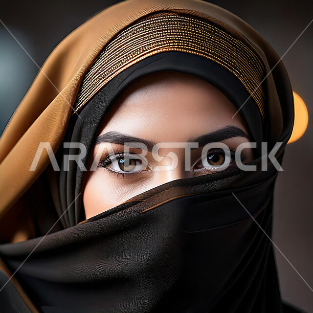 الملامح الخليجية الشرقية، إبراز الجمال السعودي بحجابات وملابس عصريه بألوان داكنة، مفهوم الأنوثة والنعومة، الاهتمام بالأناقة والمظهر الخارجي، صورة مقربة لإمرأة عربية خليجية سعودية ملثمة تنظر إلى الكاميرا بايماءات الثقة بالنفس