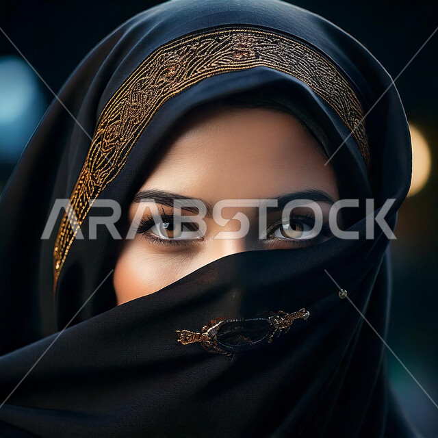 الاهتمام بالأناقة والمظهر الخارجي، الملامح الخليجية الشرقية، إبراز الجمال السعودي بحجابات وملابس عصريه بألوان داكنة، مفهوم الأنوثة والنعومة، صورة مقربة لإمرأة عربية خليجية سعودية ملثمة تنظر إلى الكاميرا بايماءات الثقة بالنفس