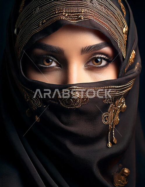 Highlighting Saudi beauty with dark colored hijabs and modern clothes, the concept of femininity and softness, interest in elegance and outward appearance, a close-up of a veiled Saudi Arabian Gulf woman looking at the camera with gestures of self-confidence, eastern Gulf features