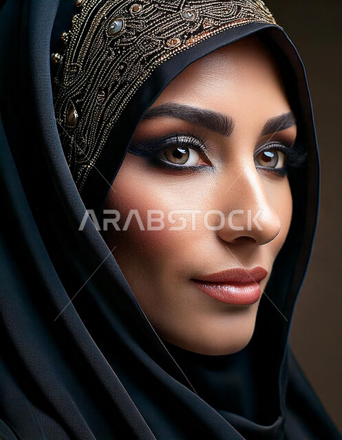 إبراز الجمال السعودي بحجابات وملابس عصريه بألوان داكنة، الاهتمام بالأناقة والمظهر الخارجي، الملامح الخليجية الشرقية، مفهوم الأنوثة والنعومة، صورة مقربة لإمرأة عربية خليجية سعودية ترتدي عباءة وشالة سوداء مطرزة تنظر إلى مكان ما بايماءات الثقة بالنفس