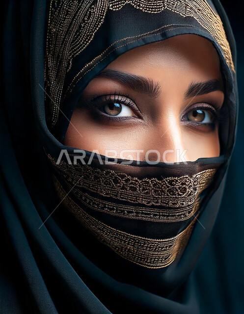 الملامح الخليجية الشرقية، إبراز الجمال السعودي بحجابات وملابس عصريه بألوان داكنة، مفهوم الأنوثة والنعومة، الاهتمام بالأناقة والمظهر الخارجي، صورة مقربة لإمرأة عربية خليجية سعودية ملثمة تنظر إلى الكاميرا بايماءات الثقة بالنفس