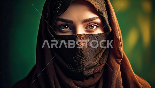 Highlighting Saudi beauty with dark colored hijabs and modern clothes, the concept of femininity and softness, interest in elegance and outward appearance, a close-up of a veiled Saudi Arabian Gulf woman looking at the camera with gestures of self-confidence, eastern Gulf features