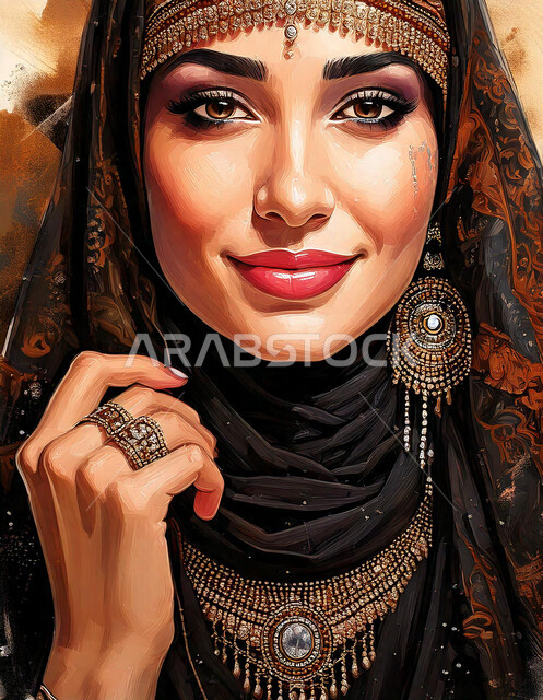الاهتمام بالأناقة والمظهر الخارجي، أزياء محجبات تقليدية شعبية، صورة مقربة لامرأة عربيه خليجيه سعودية مبتسمة ترتدي الحجاب والاكسسوارات النحاسية وتنظر إلى الكاميرا بإيماءات الثقه بالنفس، مفهوم النعومة و الأنوثة والملامح الخليجية الشرقية