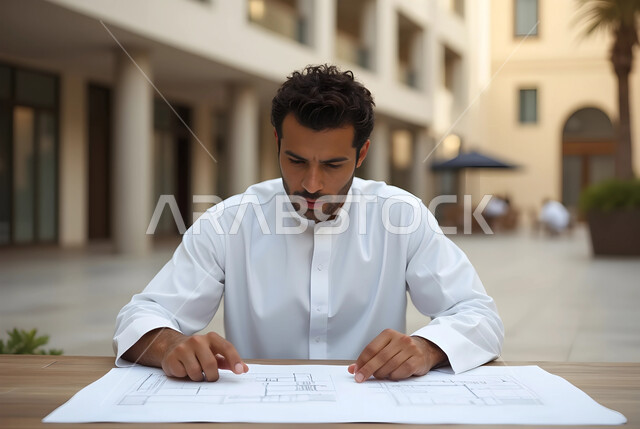 مفهوم الإنشاءات المعمارية والهندسة، مهندس عربي خليجي سعودي يرتدي الثوب التقليدي يجلس في موقع العمل يقوم بمراجعة مخطط هندسي بإيماءات الجدية والتركيز، المهن والوظائف الشبابية في المملكة العربية السعودية