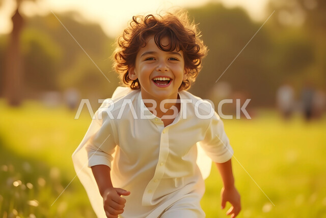 الاستمتاع بالركض في الطبيعة الخضراء في الهواء الطلق، قضاء وقت ممتع في الحديقة العامة في المملكة العربية السعودية، نشاط ترفيهي مسلي، صورة مقربة لولد عربي خليجي سعودي مبتسم يرتدي الثوب التقليدي ينظر إلى الكاميرا بإيماءات السرور والسعادة